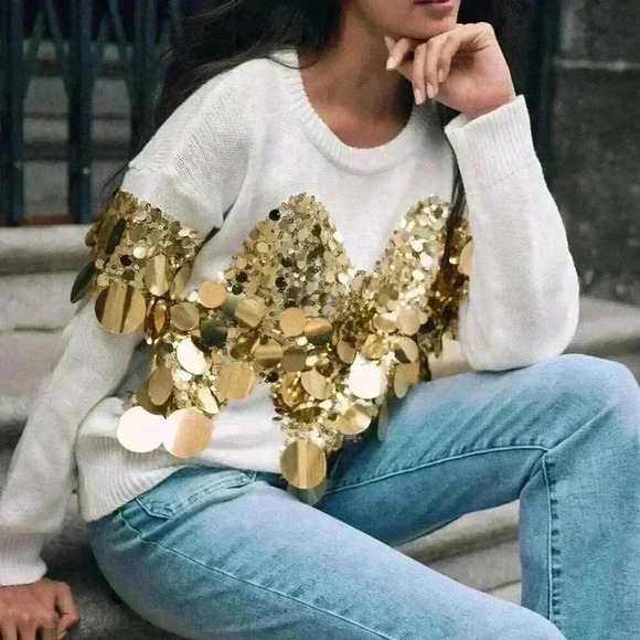 Women's Luxurious stylish Sequin detailed Long Sleeve Sweater top - Picture 4 of 9